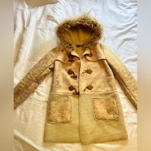 Fur Trim Toggle Teddy Shearling Coat Size S